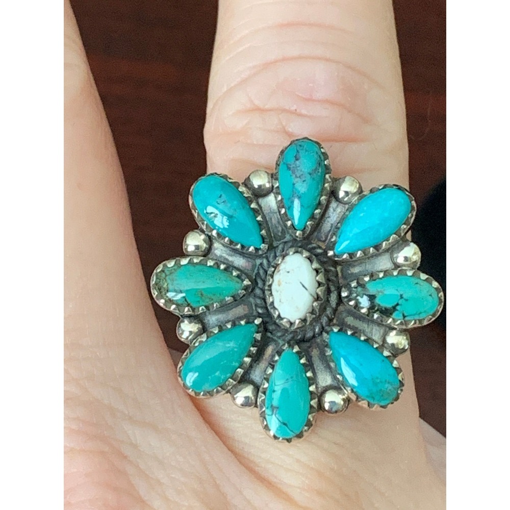 925 Sterling Silver Mohave Turquoise Wild Horse Cluster Flower Adjustable Ring
